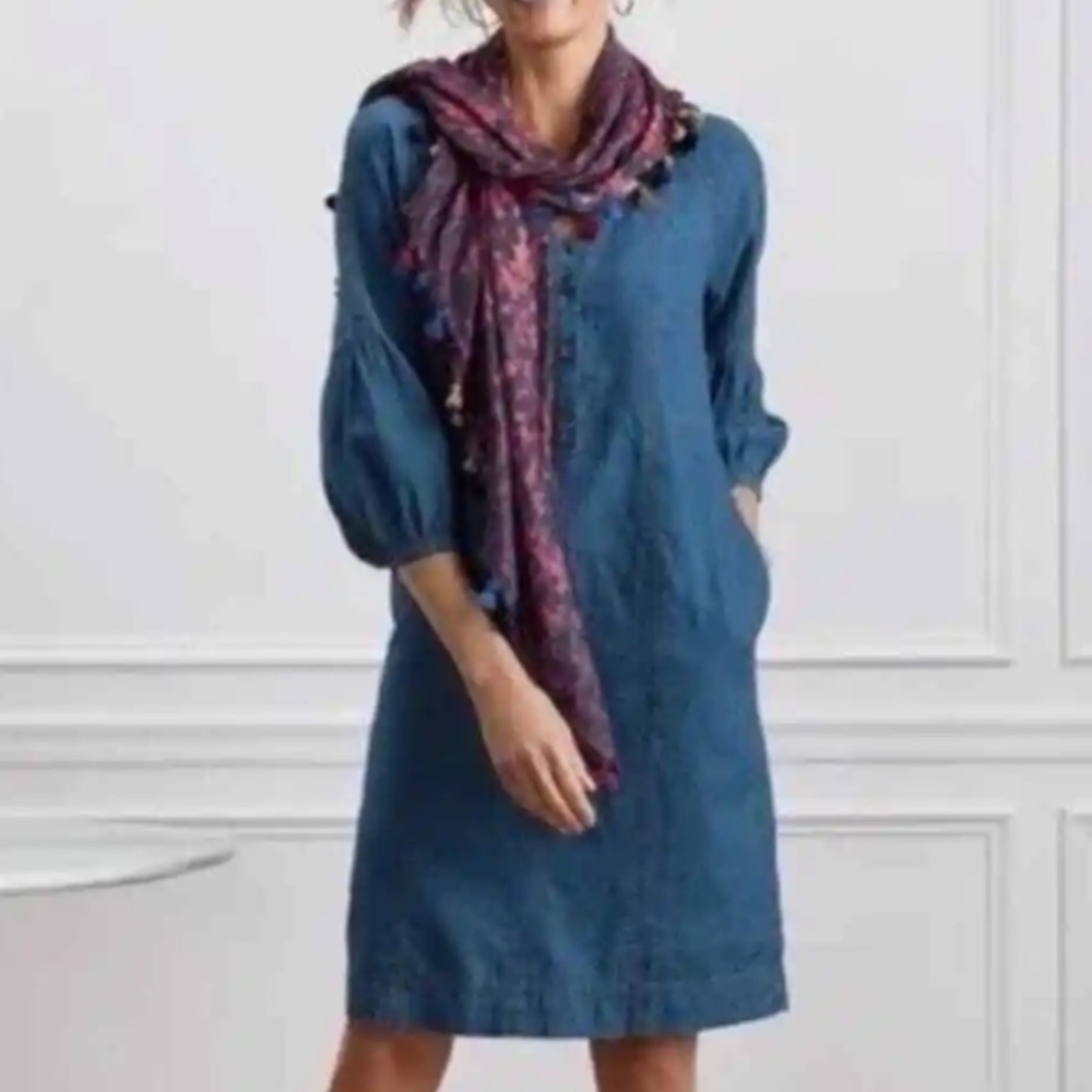Soft Surroundings Julieta Cotton/Linen Blue Denim Chambray Dress Small Casual